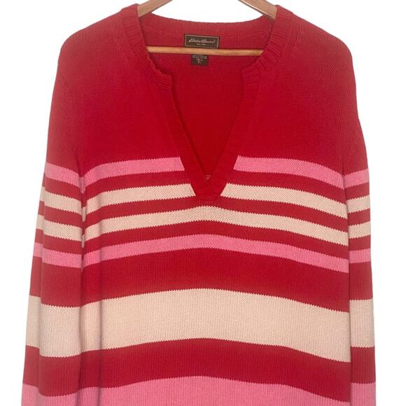 Eddie Bauer Size XL Tall Cotton Pink Striped V-Neck Pullover Sweater - Picture 2 of 7